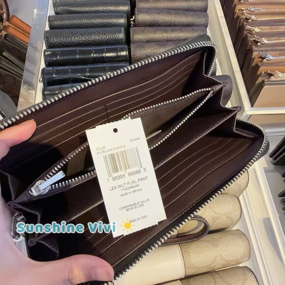 NWT Coach Long Zip Around Wallet With Floral Print CCL36 Black/Purple - Picture 6 of 10